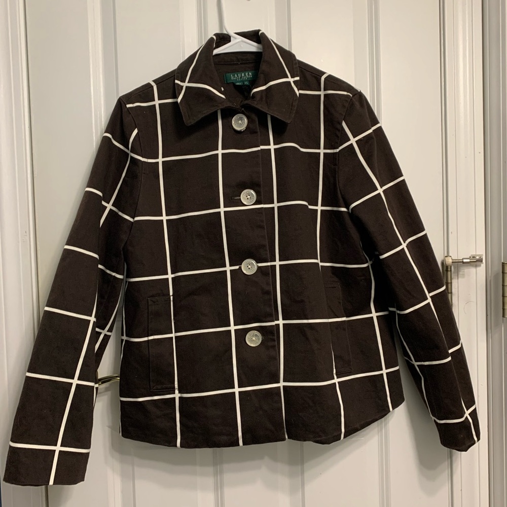 Ralph Lauren Thick Cotton Dark Brown White Windowpane Swing Coat Petite Large